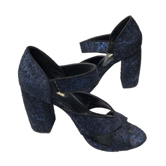 Zara Blue Open Toe Jacquard Heels Size 39 - Picture 2 of 6